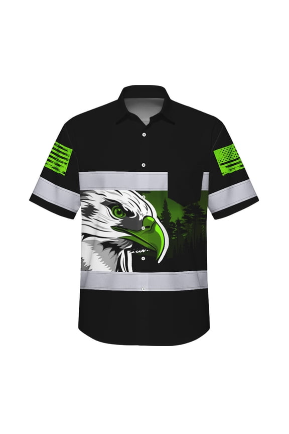 Hi Vis Hawaiian Shirt Reflective Black Eagle USA Flag Custom Name Safety Workwear