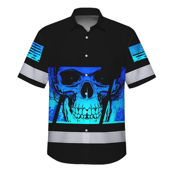 Hi Vis Hawaiian Shirt Reflective Blue Skull Custom Name Safety Workwear