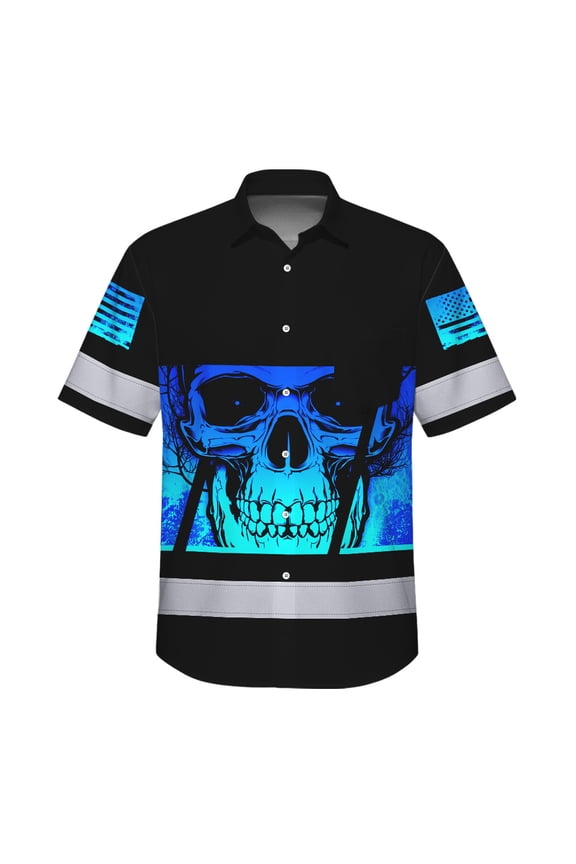 Hi Vis Hawaiian Shirt Reflective Blue Skull Custom Name Safety Workwear