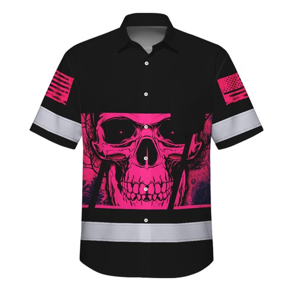 Hi Vis Hawaiian Shirt Reflective Pink Skull Custom Name Safety Workwear