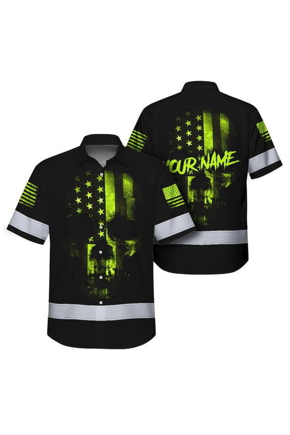 Hi Vis Hawaiian Shirt Reflective Scratched Skull US Flag Custom Name Safety Workwear