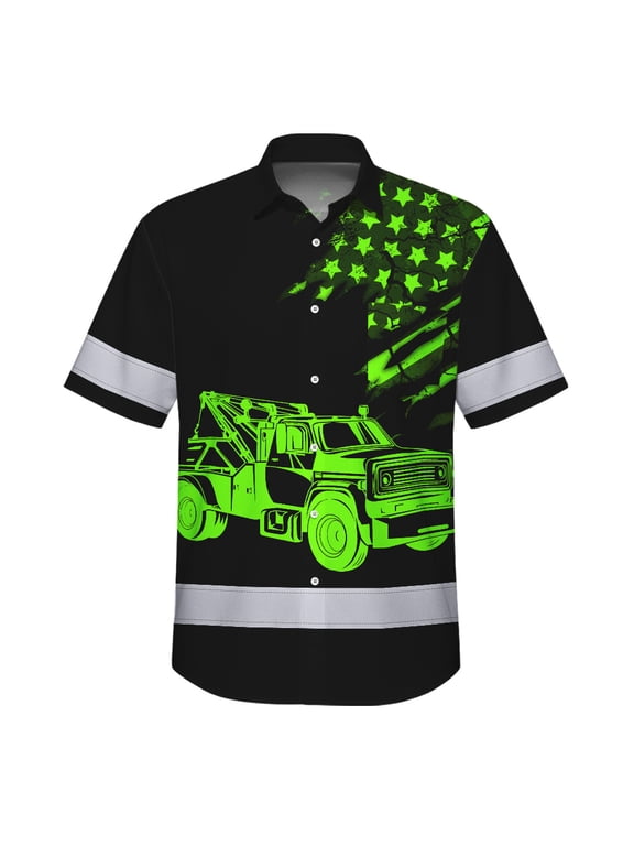 Hi Vis Hawaiian Shirt Reflective Tapes Black Tow Truck Driver Custom Name Safety