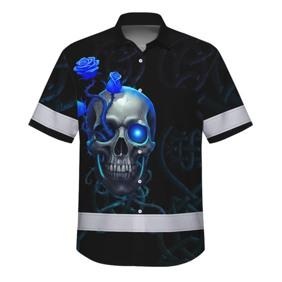 Hi Vis Hawaiian Shirt Reflective Tapes Blue Neon Skull Custom Name Safety Workwear For Workers, Truckers, Operators