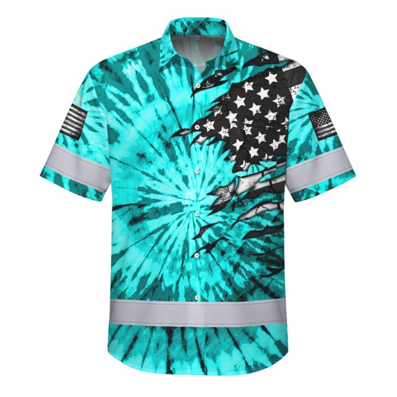 Hi Vis Hawaiian Shirt Reflective Tapes Blue Tie Dye US Flag Scratch Custom Name Safety Workwear For Workers, Runners, Cyclists