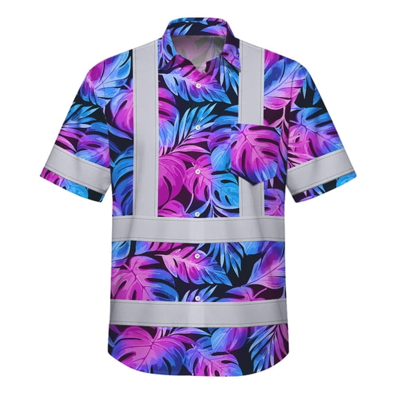 Hi Vis Hawaiian Shirt Reflective Tapes Gradient Blue Violet Custom Name Safety Workwear For Workers, Truckers, Operators - 2XL