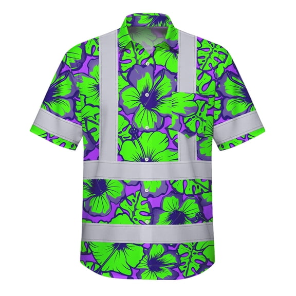 Hi Vis Hawaiian Shirt Reflective Tapes Green Neon And Violet Flowers Custom Name Safety Workwear For Workers, Truckers, Operators - XL