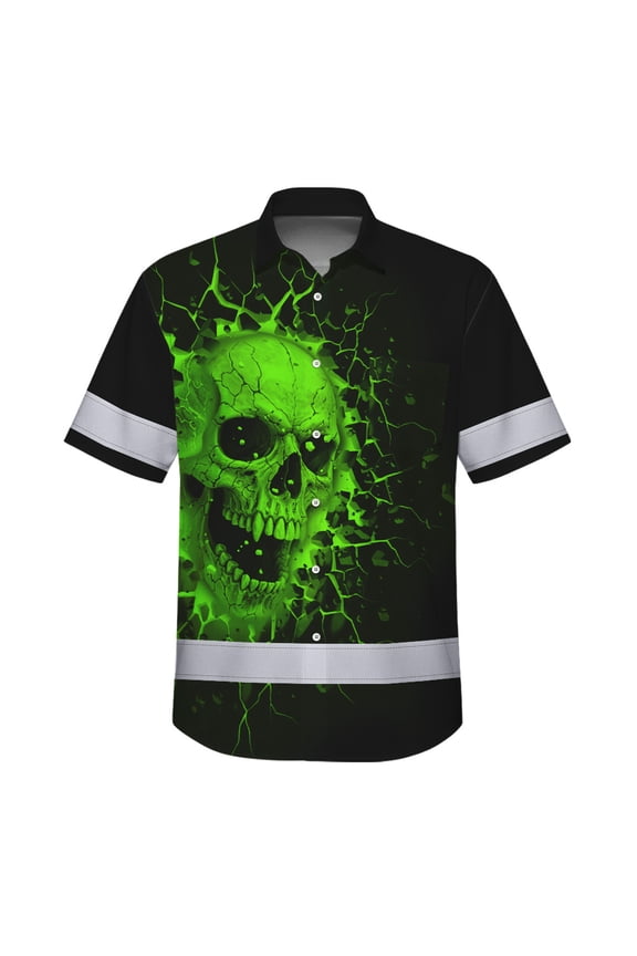 Hi Vis Hawaiian Shirt Reflective Tapes Green Neon Break Skull Custom Name Safety Workwear For Workers, Truckers, Operators