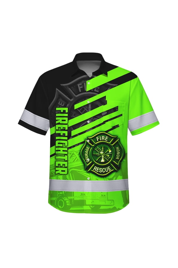 Hi Vis Hawaiian Shirt Reflective Tapes Green Neon Firefighter Custom Name Safety