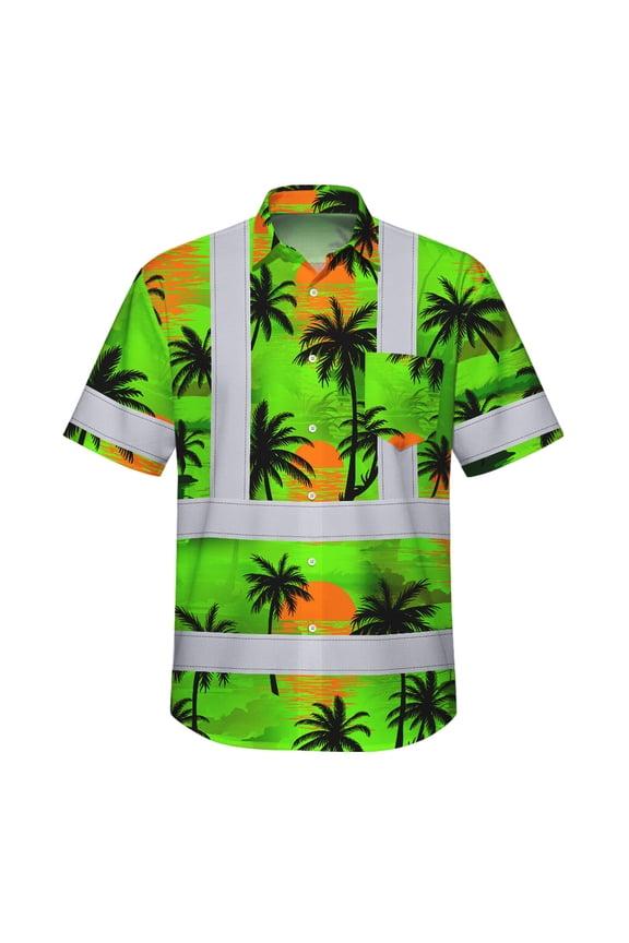 Hi Vis Hawaiian Shirt Reflective Tapes Green Neon Flowers Custom Name
