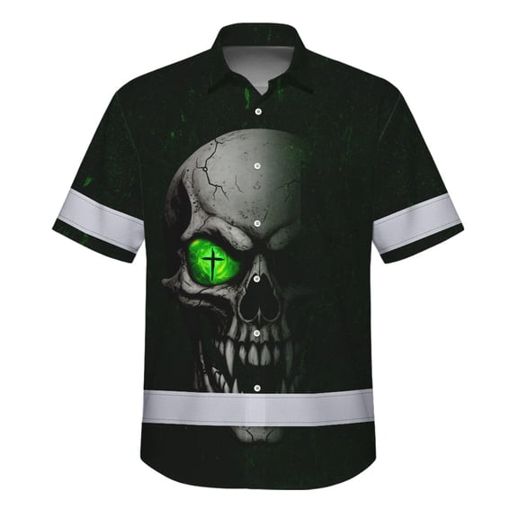 Hi Vis Hawaiian Shirt Reflective Tapes Green Neon Light Skull Custom Name Safety Workwear For Workers, Truckers, Operators