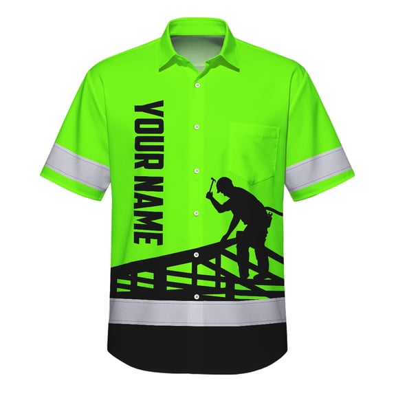 Hi Vis Hawaiian Shirt Reflective Tapes Green Roofer Custom Name Safety Workwear