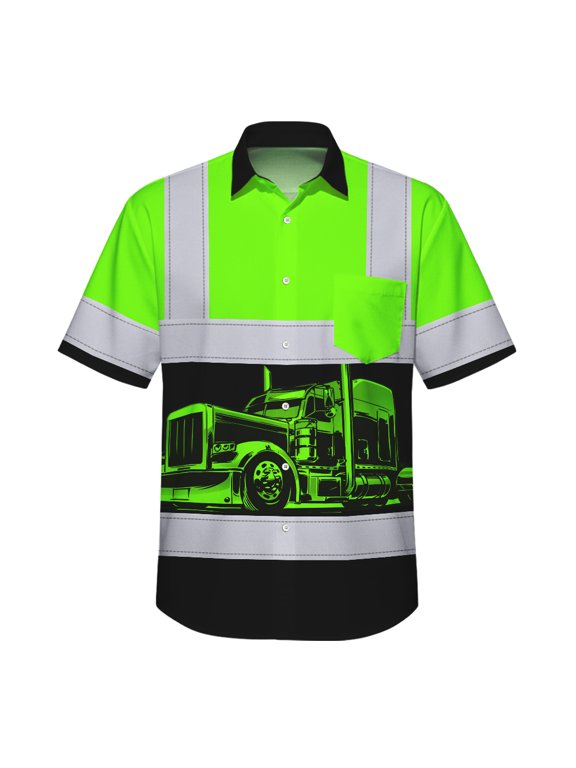 Hi Vis Hawaiian Shirt Reflective Tapes Green Semi Truck Driver Custom Name Safety