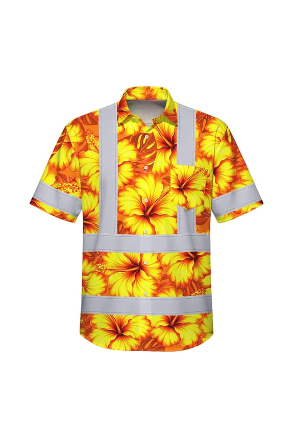 Hi Vis Hawaiian Shirt Reflective Tapes Orange Neon And Yellow Flowers Custom Name Safety Workwear For Workers, Truckers, Operators