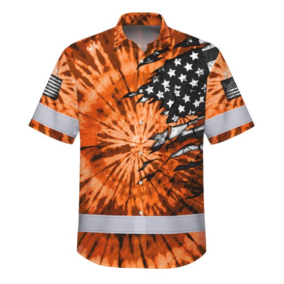 Hi Vis Hawaiian Shirt Reflective Tapes Orange Tie Dye US Flag Scratch Custom Name Safety Workwear For Workers, Runners, Cyclists