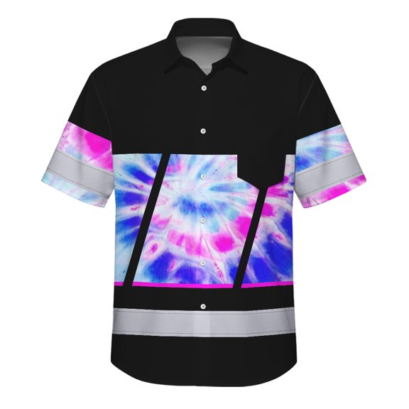 Hi Vis Hawaiian Shirt Reflective Tapes Pink Blue Tie Dye Custom Name Safety Workwear For Workers, Runners, Cyclists