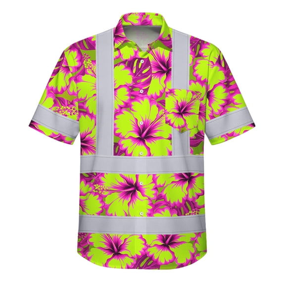 Hi Vis Hawaiian Shirt Reflective Tapes Pink Neon And Lime Flowers Custom Name Safety Workwear For Workers, Truckers, Operators - XL