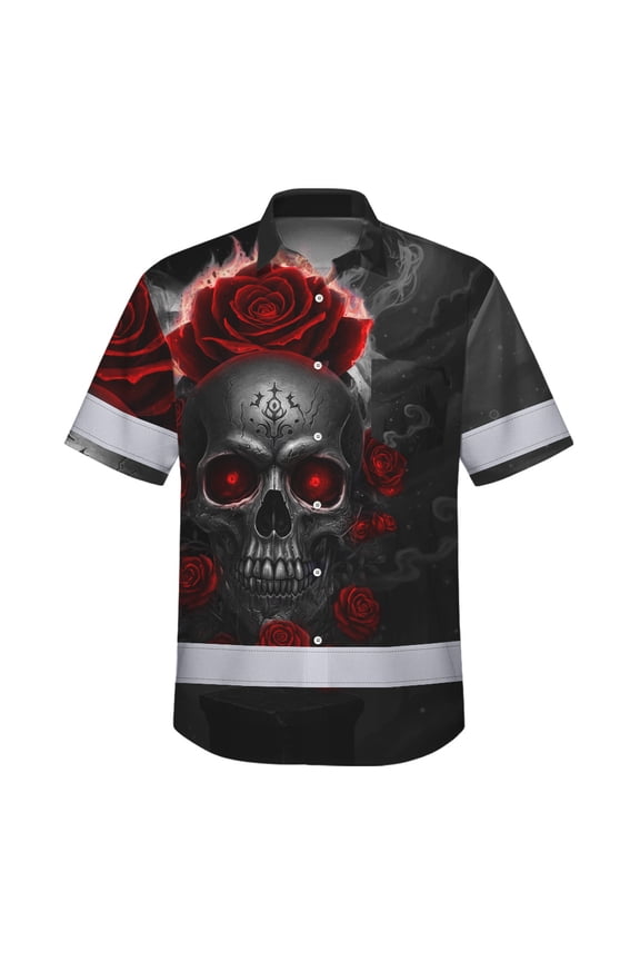 Hi Vis Hawaiian Shirt Reflective Tapes Red Neon Grey Skull Custom Name Safety Workwear For Workers, Truckers, Operators