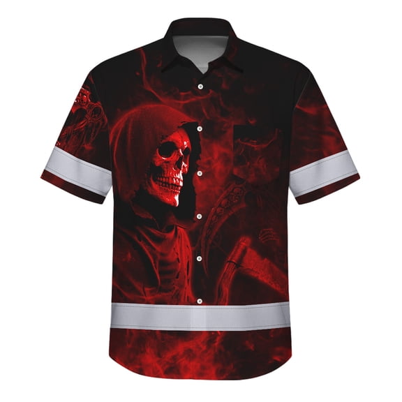 Hi Vis Hawaiian Shirt Reflective Tapes Red Neon Skull Custom Name Safety Workwear For Workers, Truckers, Operators