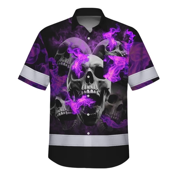 Hi Vis Hawaiian Shirt Reflective Tapes Violet Neon Smoke Skull Custom Name Safety Workwear For Workers, Truckers, Operators