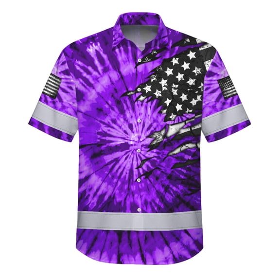 Hi Vis Hawaiian Shirt Reflective Tapes Violet Tie Dye US Flag Scratch Custom Name Safety Workwear For Workers, Runners, Cyclists