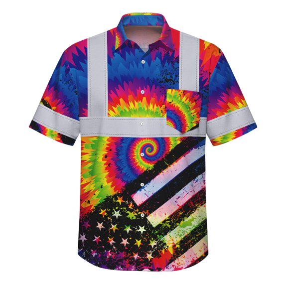 Hi Vis Hawaiian Shirt Reflective Tie Dye 2 US Flag Paint Custom Name Safety Workwear For Workers, Runners, Cyclists