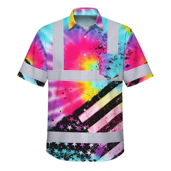 Hi Vis Hawaiian Shirt Reflective Tie Dye US Flag Paint Custom Name Safety Workwear For Workers, Runners, Cyclists
