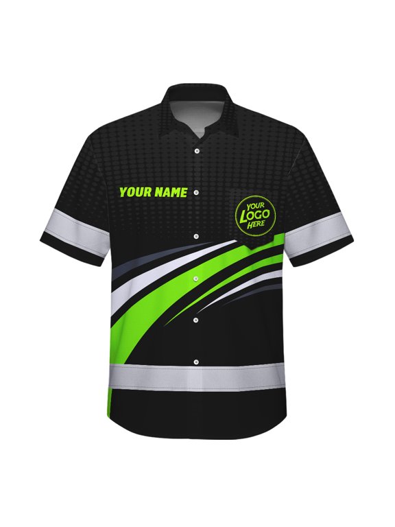 Hi Vis Hawaiian Shirt Uniform Reflective Black Green Neon Color Custom Name And Logo