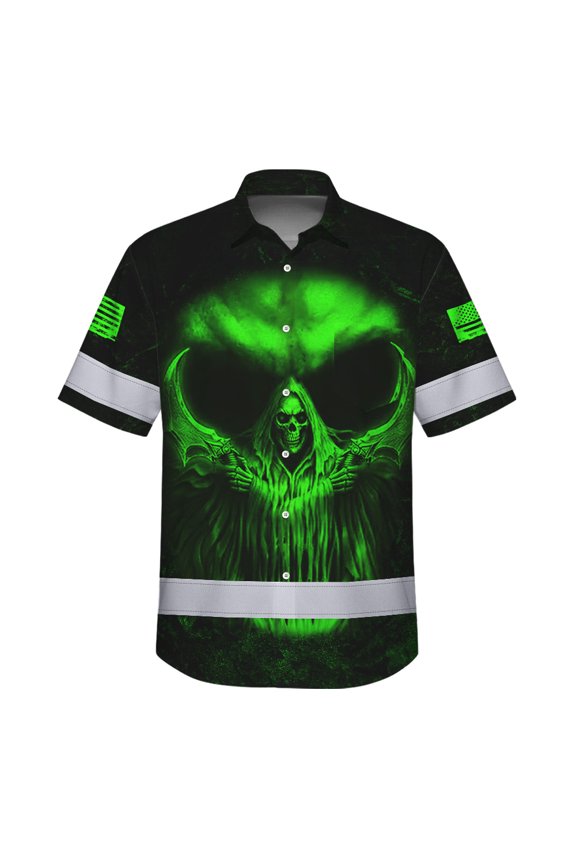 Hi Vis Hawaiian Skull Safety Shirt, Black Custom Name High Visibility Short Sleeve Button Down Shirt for Workers, Truckers
