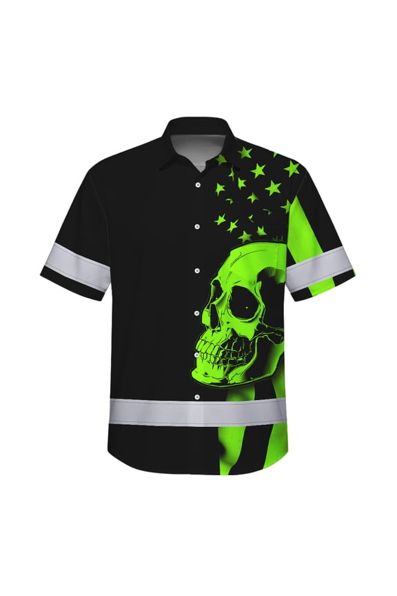 Hi Vis Hawaiian Skull Safety Shirt, Black Custom Name High Visibility Short Sleeve Button Down Shirt for Workers, Truckers