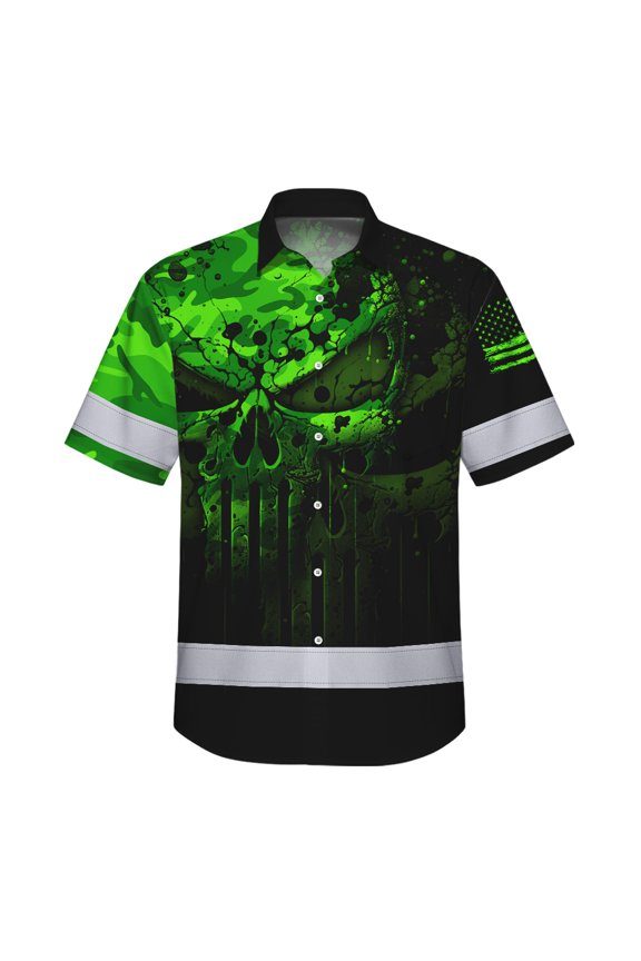 Hi Vis Hawaiian Skull Safety Shirt, Black Custom Name High Visibility Short Sleeve Button Down Shirt for Workers, Truckers