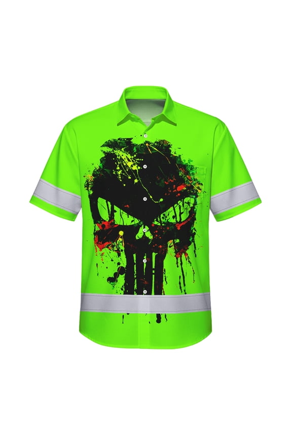 Hi Vis Hawaiian Skull Safety Shirt, Green Custom Name High Visibility Short Sleeve Button Down Shirt for Workers, Truckers