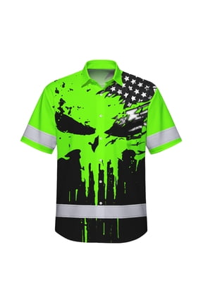 Hi Vis Hawaiian Skull Safety Shirt, Green Custom Name High Visibility Short Sleeve Button Down Shirt for Workers, Truckers