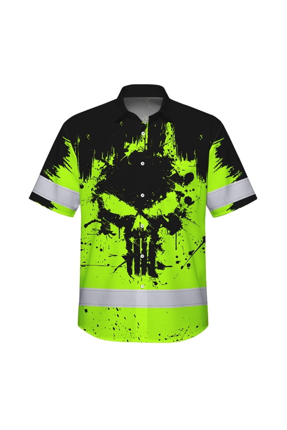 Hi Vis Hawaiian Skull Safety Shirt, Green Custom Name High Visibility Short Sleeve Button Down Shirt for Workers, Truckers