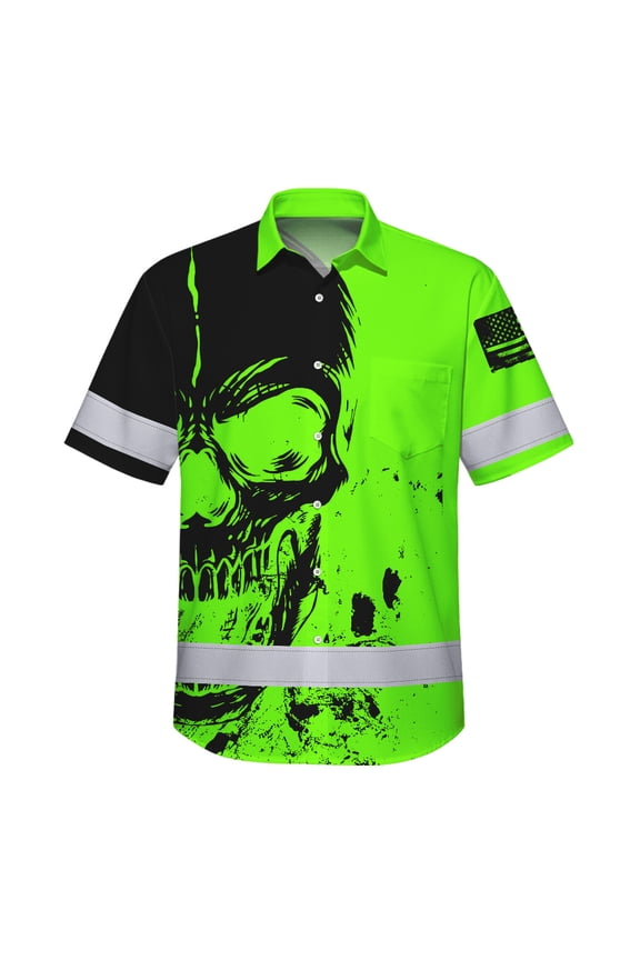 Hi Vis Hawaiian Skull Safety Shirt, Green Custom Name High Visibility Short Sleeve Button Down Shirt for Workers, Truckers