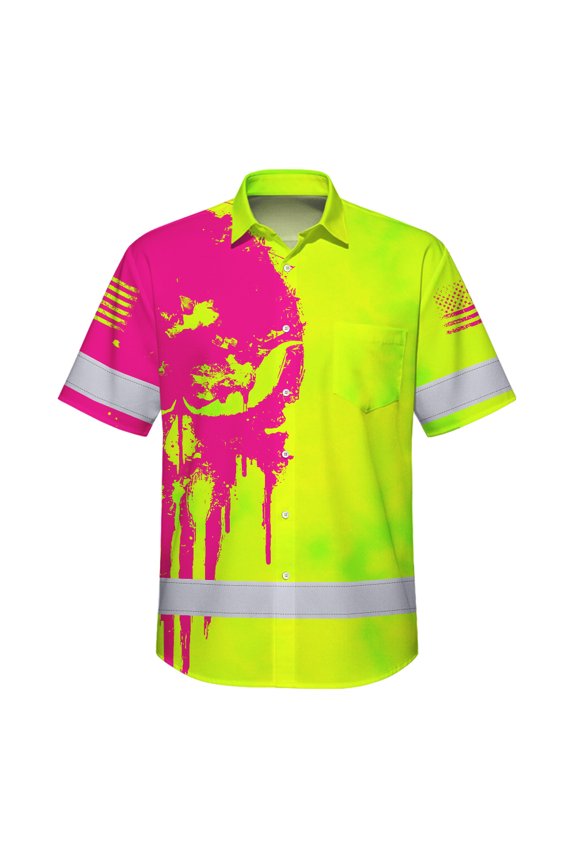 Hi Vis Hawaiian Skull Safety Shirt, Lime Yellow Custom Name High Visibility Short Sleeve Button Down Shirt for Worker Trucker