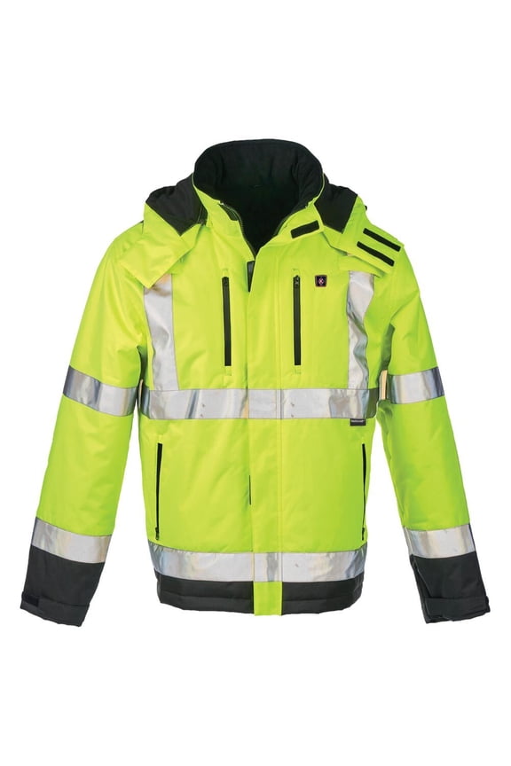 Hi Vis Heated Safety Bomber Jacket, Class 3, Detachable Hood, 2X-Large, SAFEGEAR