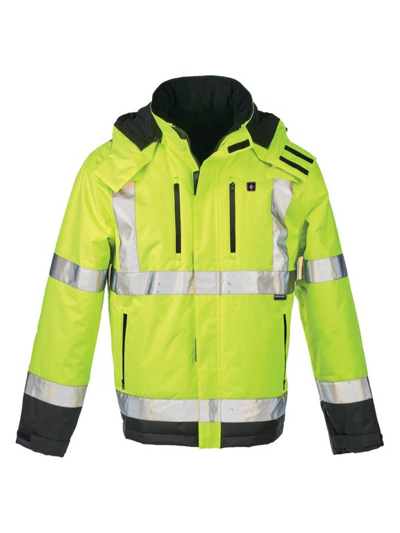 Hi Vis Heated Safety Bomber Jacket, Class 3, Detachable Hood, Large, SAFEGEAR