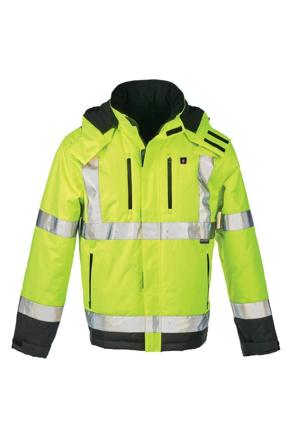 Hi Vis Heated Safety Bomber Jacket, Class 3, Detachable Hood, Large, SAFEGEAR
