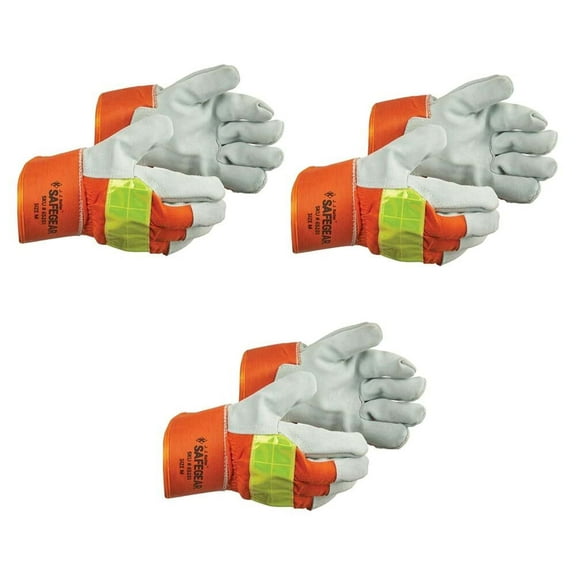 Hi-Vis Leather Glove, Split Cowhide Leather Palm, Large, 3-Pack, SAFEGEAR