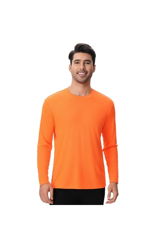 Hi Vis Long Sleeve Work Safety Shirt, XL Size Neon Orange T-Shirt for Men, High Visibility Crewneck Reflective Color Safety Tee 100% Polyester