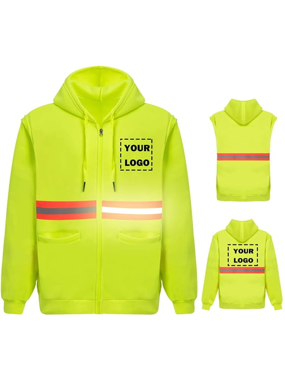 Hi Vis Safety Hoodie Sweatshirt with Removable Sleeve High Visibility Fleece Hooded Work Jacket