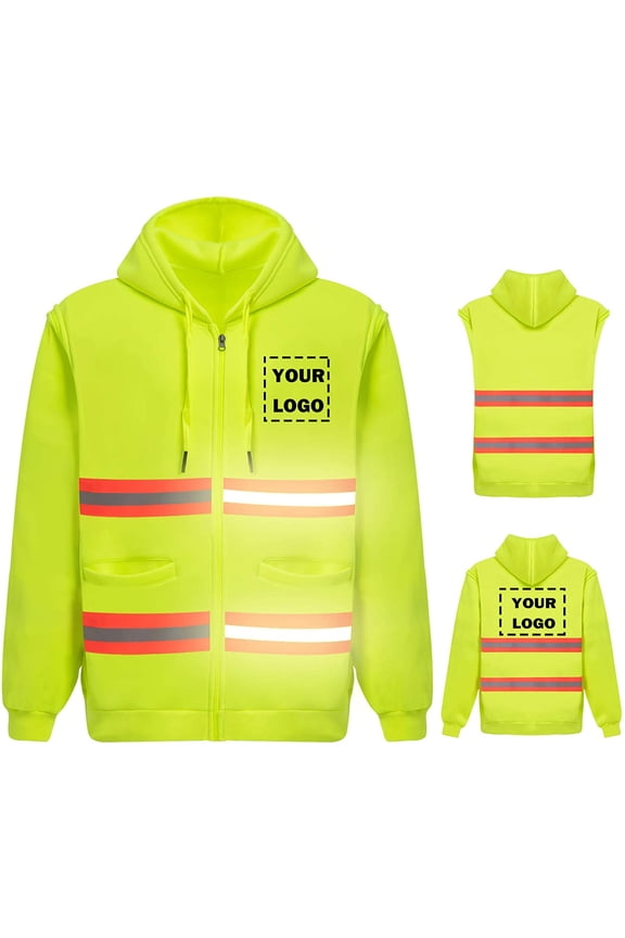 Hi Vis Safety Hoodie Sweatshirt with Removable Sleeve High Visibility Fleece Hooded Work Jacket
