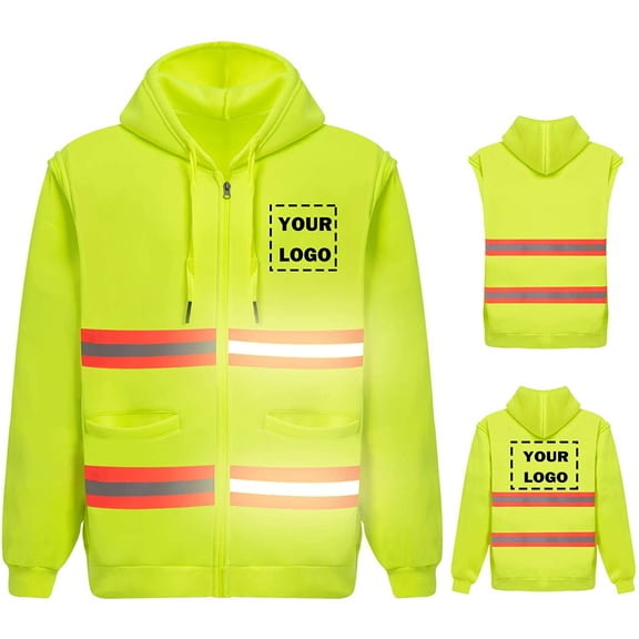 Hi Vis Safety Hoodie Sweatshirt with Removable Sleeve High Visibility Fleece Hooded Work Jacket