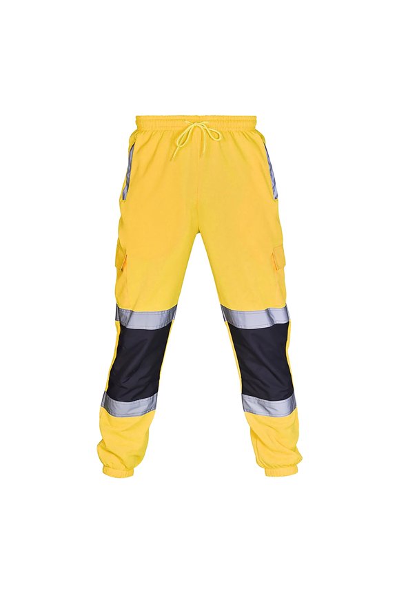 Hi Vis Safety Pants for Men Reflective Elastic Waist Cargo Pants Drawstring Road Work Pants with Pockets, M