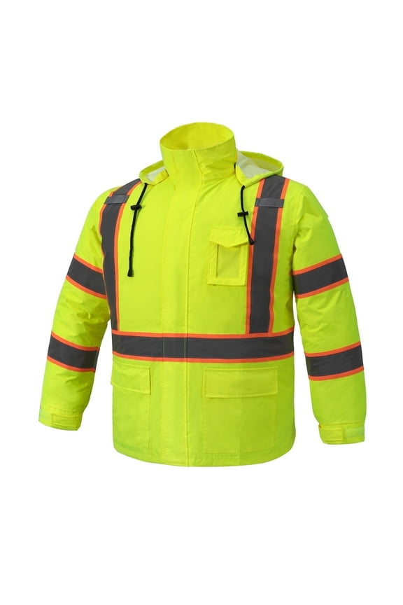 Men's Hi Vis Rain Jacket & Safety Rain Coat Waterproof Lightweight with Hood, Class 3 Reflective Adult Yellow Work Rain Jacket