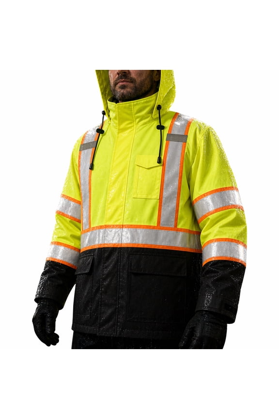 Hi Vis Safety Rain Jacket for Men Women Waterproof Breathable Rain Gears with Mesh Lining Black Bottom