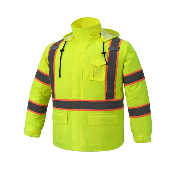 Men's Hi Vis Rain Jacket & Safety Rain Coat Waterproof Lightweight with Hood, Class 3 Reflective Adult Yellow Work Rain Jacket