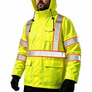 Men's Hi Vis Rain Jacket & Safety Rain Coat Waterproof Lightweight with Hood, Class 3 Reflective Adult Yellow Work Rain Jacket