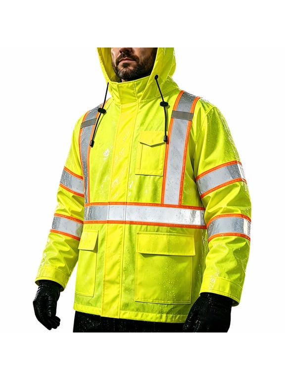 Men's Hi Vis Rain Jacket & Safety Rain Coat Waterproof Lightweight with Hood, Class 3 Reflective Adult Yellow Work Rain Jacket
