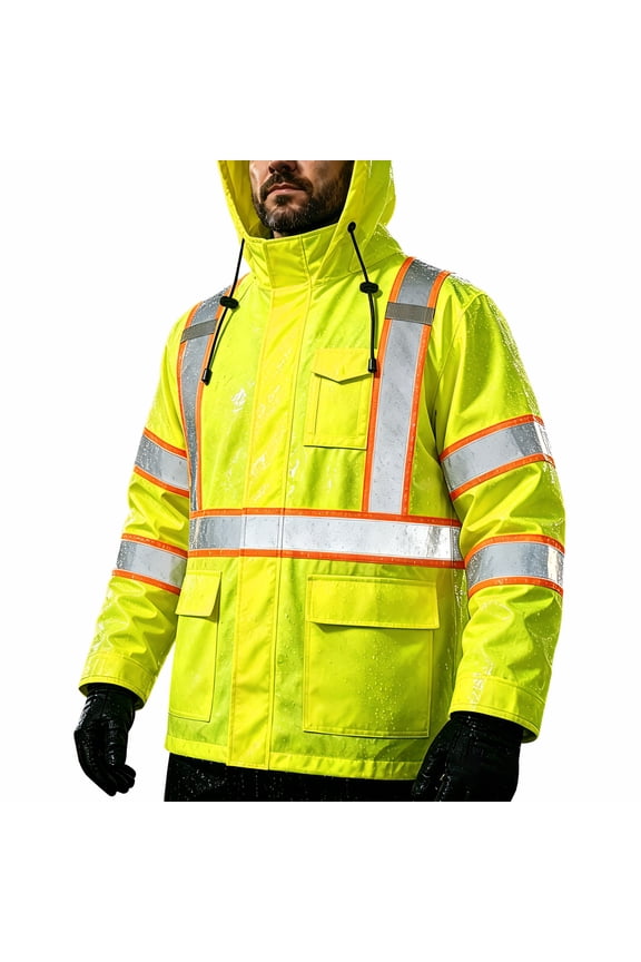Men's Hi Vis Rain Jacket & Safety Rain Coat Waterproof Lightweight with Hood, Class 3 Reflective Adult Yellow Work Rain Jacket